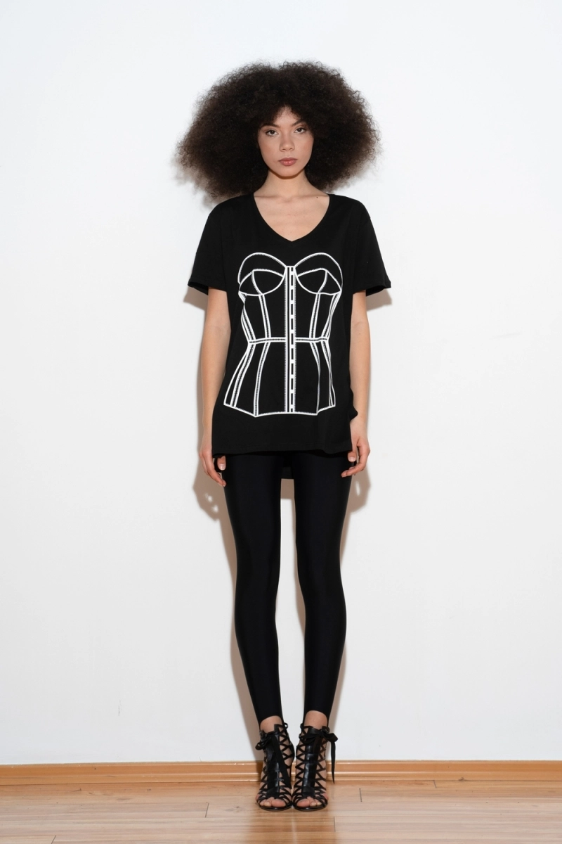 TRICOU IN V CU PRINT CORSET NEGRU 0